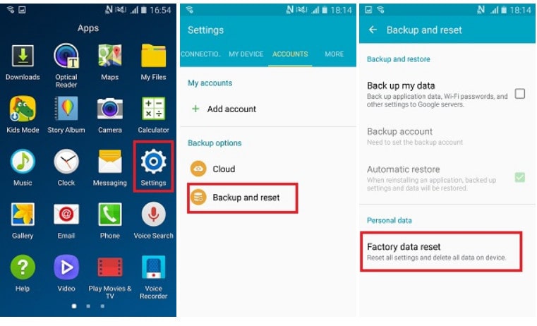 factory reset android via native access