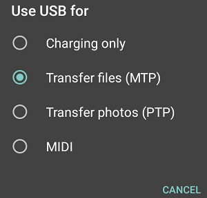 select the media transfer (MTP) option