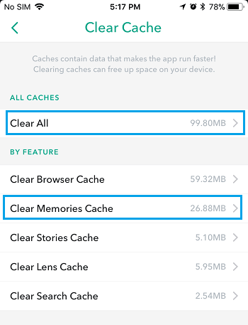 select snapchat cache type