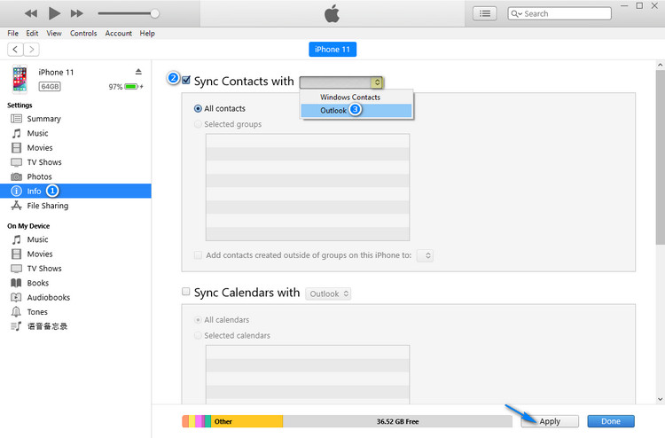 sync iPhone contacts to Outlook with itunes